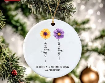 Op de afbeelding: Witte keramische ornament met twee bloemen, een gele en een paarse, met de namen "Evelyn" en "Amelia" eronder geschreven. De tekst "Het duurt lang om een ​​oude vriend te laten groeien" staat onderaan gedrukt.