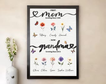 Custom Flower Birth Month Garden Wooden Sign Frame/First Mom Now Grandma Sign/Gift For Mom Gift For Grandma With Kids Names