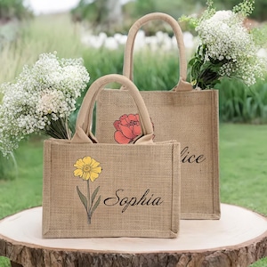 Bridesmaid Burlap Tote Bags with Birth Flower |Custom Beach Tote Bag with Name| Bachelorette Party Favors|Wedding Gift Bags|Mothers Day Gift