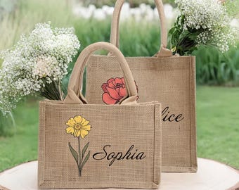 Sacolas de juta para madrinhas com flor de nascimento | Sacola de praia personalizada com nome | Lembrancinhas para despedida de solteira | Sacolas para presentes de casamento | Presente para o Dia das Mães