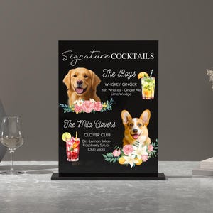 Signe signature pour animaux de compagnie cocktails - Signe pour boissons emblématiques pour chat et chien - Signe pour bar de mariage en acrylique givré - Signe pour boissons modernes Animaux de compagnie - Signe pour cocktail pour animal de compagnie