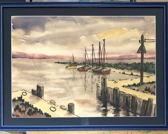 Cine portuario en la isla Hiddensee, pintura de acuarela enmarcada de Hans Petersen