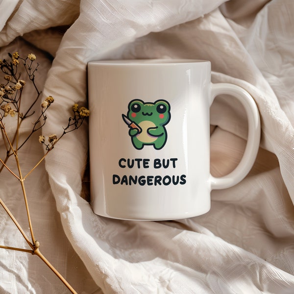 Funny Frog Coffee Mug, Cute But Dangerous Meme Toad, Kawaii Cottagecore Frog Ceramic Cup, Frog Lover Gift, Frog with Knife Joke Mug for Her