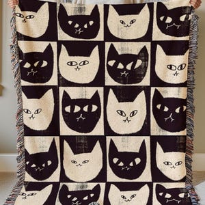 cat checkered woven throw blanket, funny cat woven blanket, modern cat throw, silly cat blanket, minimalism cat wall tapestry