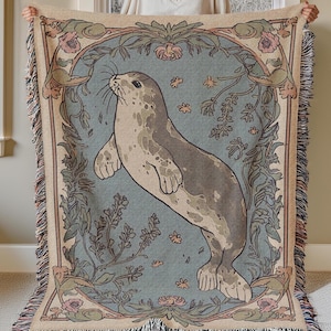 selkie mystical seal woven blanket, floral botanical ocean selkie seal folk woven throw decor, mythical selkie large blanket sea tapestry