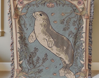 Selkie Robbe gewebte Decke, Decke mit floralem botanischem Folkloreteppich, Meerteppich