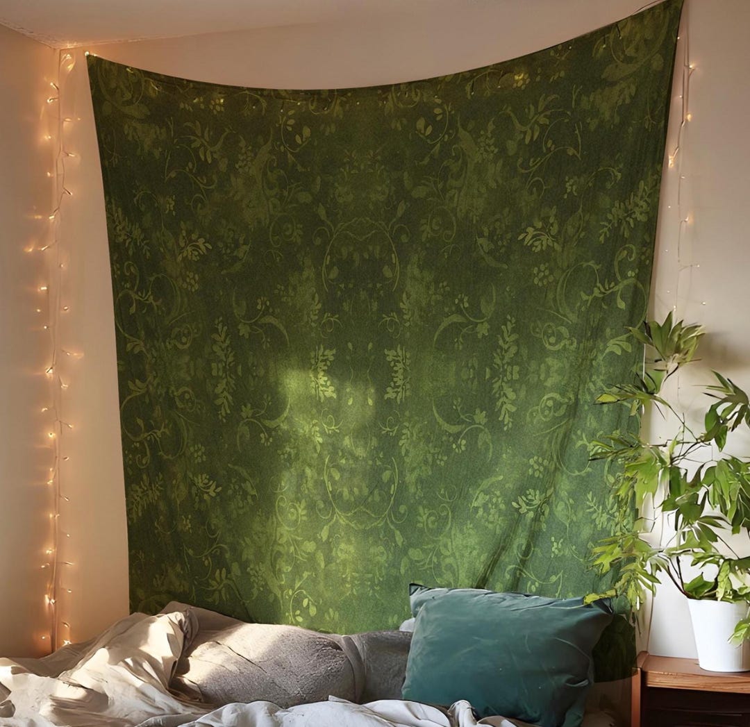 green cottagecore tapestry, nature earthy floral tapestry boho fern leaf wall decor aesthetic bohemian large botanical hanging wall tapestry
