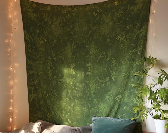 green cottagecore tapestry, nature earthy floral tapestry boho fern leaf wall decor aesthetic bohemian large botanical hanging wall tapestry
