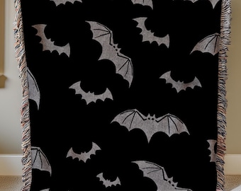 bats woven blanket, whimsigoth blanket, halloween tapestry blanket bat tapestry, bat wall hanging gothic creepy spooky season throw blanket