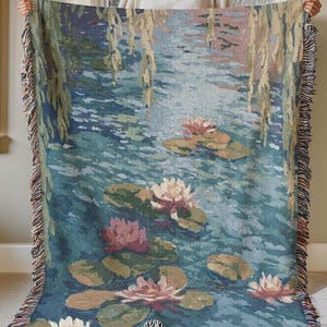 water lilies woven blanket, claude monet pond tapestry serene lilypond woven blanket claude monet throw impressionist floral nature blanket