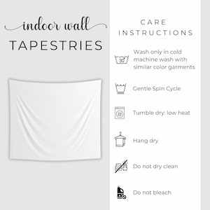 May include: White indoor wall tapestry with the words "indoor wall TAPESTRIES" in black script. Care instructions are listed on the right, including washing and drying guidelines. The tapestry is rectangular with a slightly wrinkled texture.