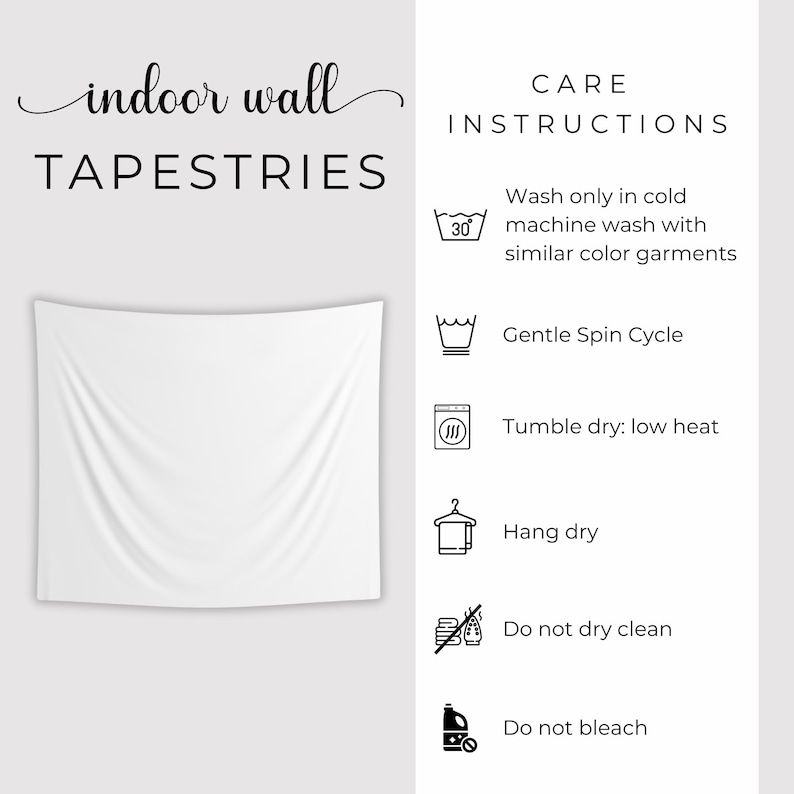 May include: White indoor wall tapestry with the words "indoor wall TAPESTRIES" in black script. Care instructions are listed on the right, including washing and drying guidelines. The tapestry is rectangular with a slightly wrinkled texture.