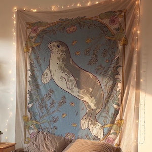 selkie mystical seal tapestry, floral botanical ocean selkie seal hanging folk tapestry decor, mythical selkie large tapestry sea wall decor