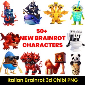 May include: A collection of colorful 3D chibi characters, including a red octopus playing an arcade game, a whale pirate, a three-headed dragon, and a frog with a drink. Text reads "50+ NEW BRAINROT CHARACTERS".