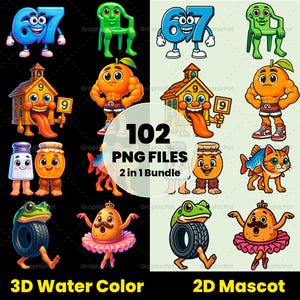 Könnte beinhalten: Ein digitales Kunstpaket mit 102 PNG-Dateien, das 2D- und 3D-Maskottchen-Designs zeigt. Das Bild zeigt farbenfrohe Illustrationen von anthropomorphen Zahlen, Lebensmitteln und Tieren. Der Text auf dem Bild lautet "3D Water Color" und "2D Mascot."