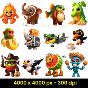 May include: Twelve cartoon characters with distinct designs. They include a fire creature, an elephant, a fish-human hybrid, a green monster, a monkey with a banana, a rhino-toaster, a crocodile with a plane, a penguin, a cowboy, a duck, a giraffe-watermelon, and a skeleton with maracas.