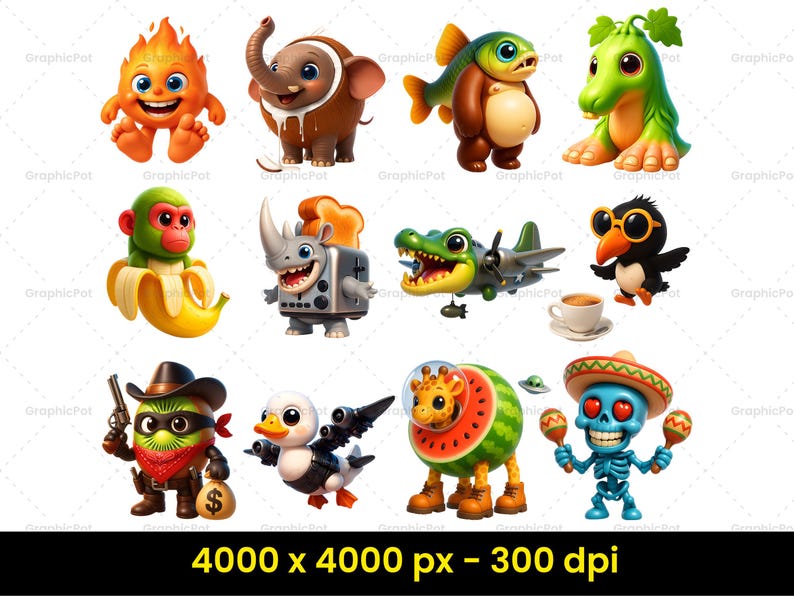 May include: Twelve cartoon characters with distinct designs. They include a fire creature, an elephant, a fish-human hybrid, a green monster, a monkey with a banana, a rhino-toaster, a crocodile with a plane, a penguin, a cowboy, a duck, a giraffe-watermelon, and a skeleton with maracas.