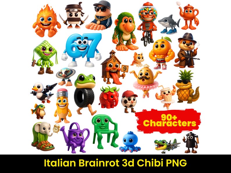 May include: A vibrant collection of over 90 cartoon characters, including a fire, a ninja, a number, a frog, and a pineapple. The characters are brightly coloured and have exaggerated features. Text on the image reads "90+ Characters".