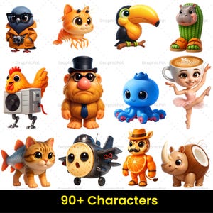 May include: A selection of cartoon characters, such as a bird with glasses and a camera, a shrimp, a toucan, a hippo, a chicken with an air conditioner, a man with a top hat, an octopus, a ballerina, a cat-fish hybrid, a plane, a giraffe, and a rhino. The text "90+ Characters" is at the bottom.