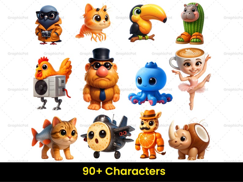 May include: A selection of cartoon characters, such as a bird with glasses and a camera, a shrimp, a toucan, a hippo, a chicken with an air conditioner, a man with a top hat, an octopus, a ballerina, a cat-fish hybrid, a plane, a giraffe, and a rhino. The text "90+ Characters" is at the bottom.
