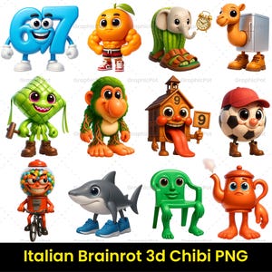 May include: A vibrant image showcasing a variety of 3D chibi characters. The image includes a blue number 67, an orange, an elephant, a camel, a green diamond-shaped character, a monkey, a house, a soccer ball, a gumball machine, a shark, a green chair, and a teapot. The text "Italian Brainrot 3d Chibi PNG" is at the bottom.