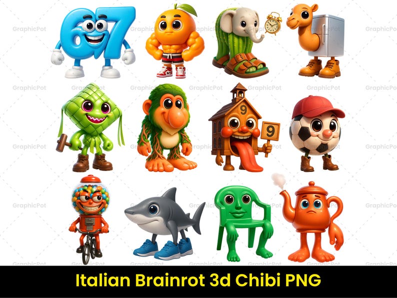 May include: A vibrant image showcasing a variety of 3D chibi characters. The image includes a blue number 67, an orange, an elephant, a camel, a green diamond-shaped character, a monkey, a house, a soccer ball, a gumball machine, a shark, a green chair, and a teapot. The text "Italian Brainrot 3d Chibi PNG" is at the bottom.