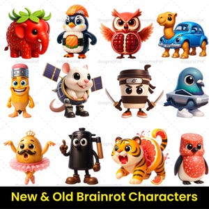 May include: A selection of cartoon characters, such as a strawberry elephant, sushi penguin, owl, camel in a car, pencil, mouse with satellite, coffee cup ninja, pigeon, potato ballerina, teapot, tiger, and a penguin. The text "New & Old Brainrot Characters" is at the bottom.
