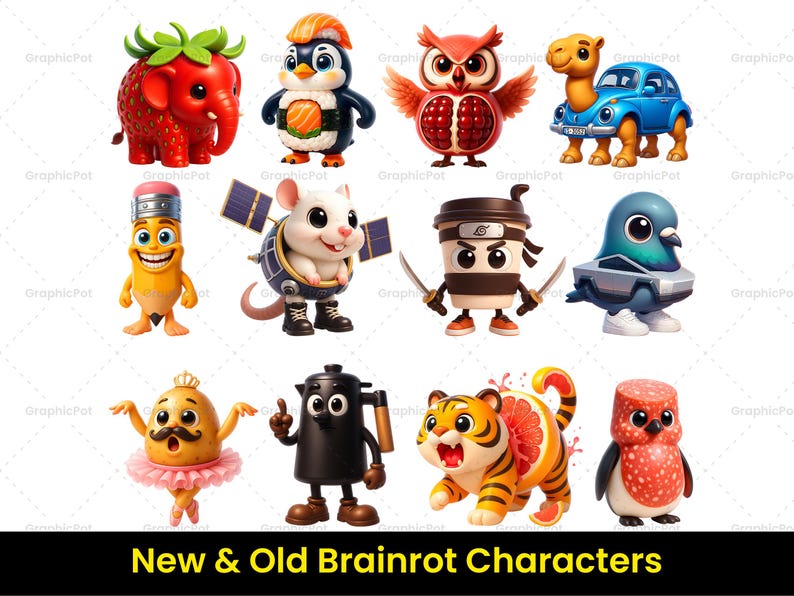 May include: A selection of cartoon characters, such as a strawberry elephant, sushi penguin, owl, camel in a car, pencil, mouse with satellite, coffee cup ninja, pigeon, potato ballerina, teapot, tiger, and a penguin. The text "New & Old Brainrot Characters" is at the bottom.