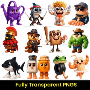 May include: A selection of cartoon characters, such as a purple watering can, a shark with swords, a foot wearing a hat and gold chain, and a cactus penguin. The image includes the text "Fully Transparent PNGs".