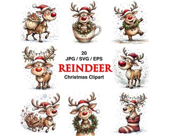 20 JPG Whimsical & Funny Reindeer Christmas Clipart - Festive Holiday Illustrations - Digital Download