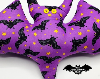 Purple Bat Pillow with Stars and Flying Black Bats