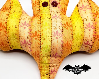 Yellow and Orange Bat Pillow with Floral Stripes *SALE*