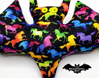 Black Bat Pillow with Rainbow Unicorns