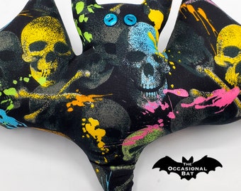 Black Bat Pillow with Colorful Pirate Skulls