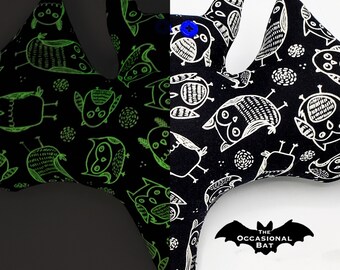 Black Bat Pillow with Glow-in-the-Dark Owls