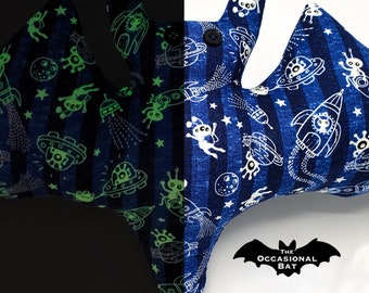 Blue Bat Pillow with Glow-in-the-Dark Spaceships and Aliens