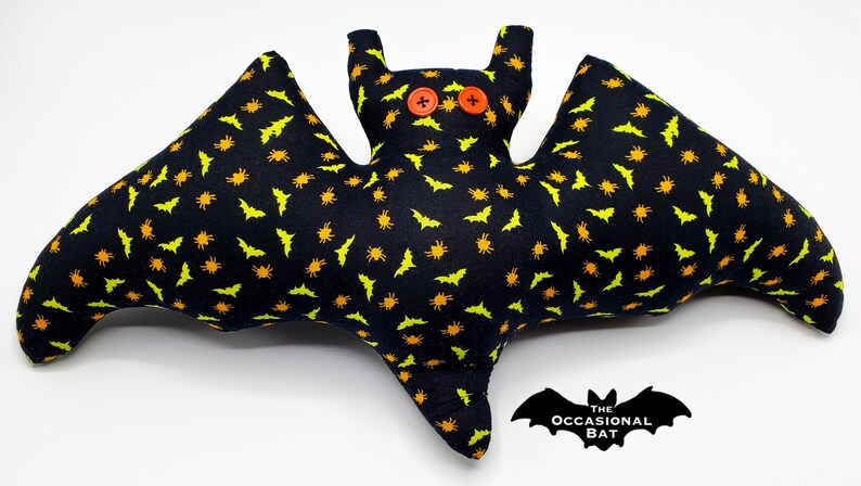 Black Bat Pillow with Yellow Bats and Orange Spiders image 2