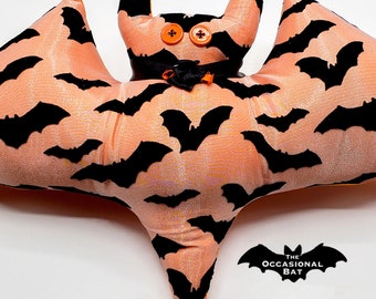 Orange Gothic Bat Pillow with Black Flocking Bats and a Black Rose Choker