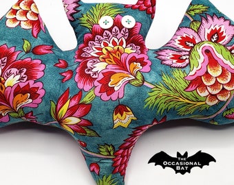 Teal Bat Pillow with Pink Flowers