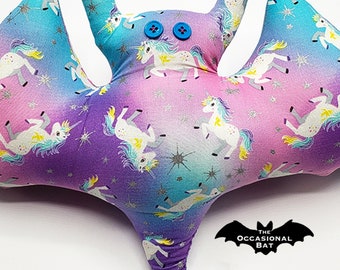 Pink, Blue and Purple Bat Pillow with Unicorns and Sparkly Stars