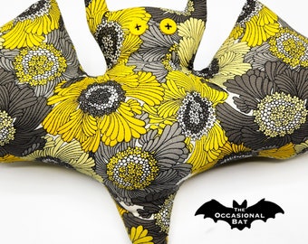 Yellow and Grey Bat Pillow with Flowers