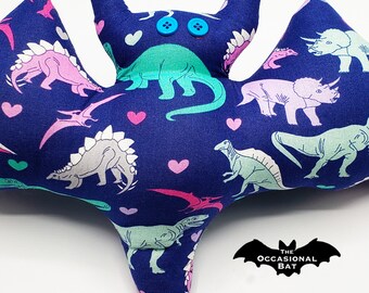 Blue Bat Pillow with Dinosaurs and Hearts