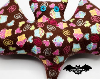 Chocolate Brown Flannel Bat Pillow with Cupcakes and Hearts