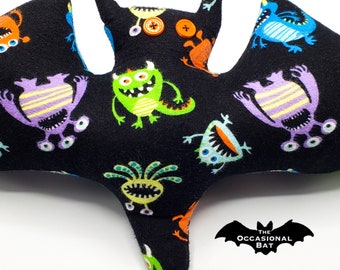 Black Flannel Bat Pillow with Silly Monsters