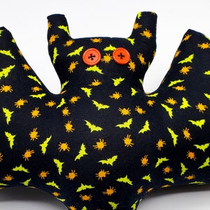 Black Bat Pillow with Yellow Bats and Orange Spiders image 3