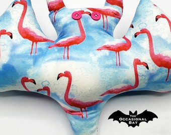 Blue Bat Pillow with Pink Flamingos