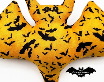 Orange Bat Pillow with Flying Bats