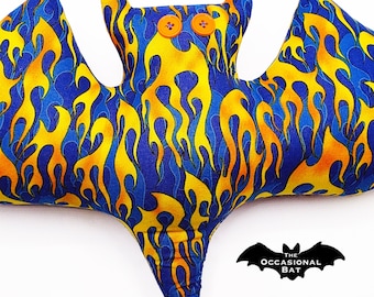 Blue Hot Rod Bat Pillow with Yellow, Orange, and Blue Flames