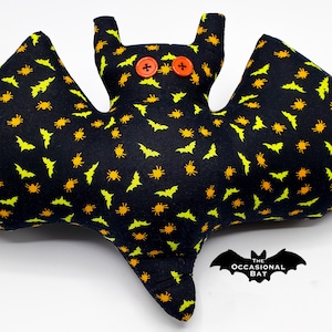 Black Bat Pillow with Yellow Bats and Orange Spiders image 1