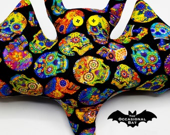 Black Bat Pillow with Colorful Sugar Skulls